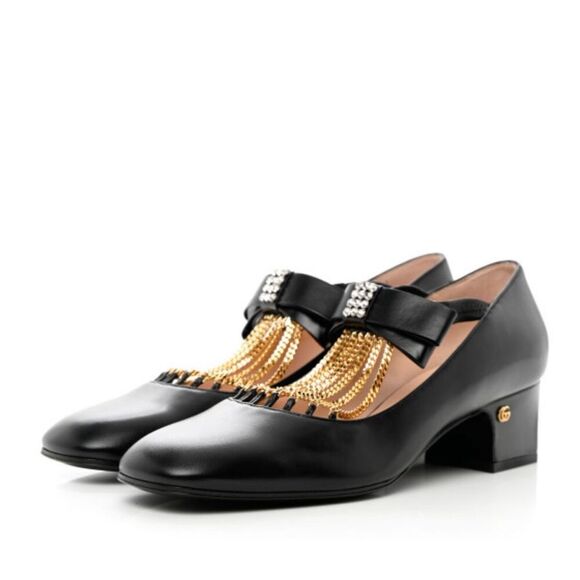 Gucci Nappa Crystal Bonny Bow Mary Jane Pumps 38.5 Black NEW - Picture 1 of 9